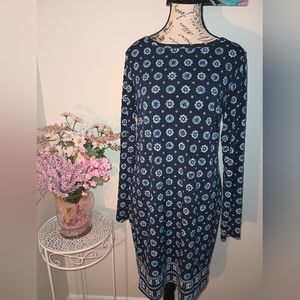 Women's Michael Kors Long Sleeve Navy and Baby Blue Print Dress Size Medium